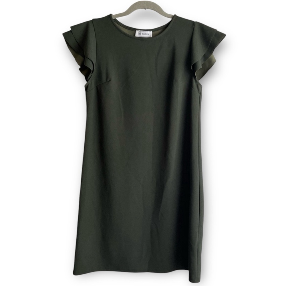 Ces Femme Dark Olive Green Flutter Sleeve Shift Dress